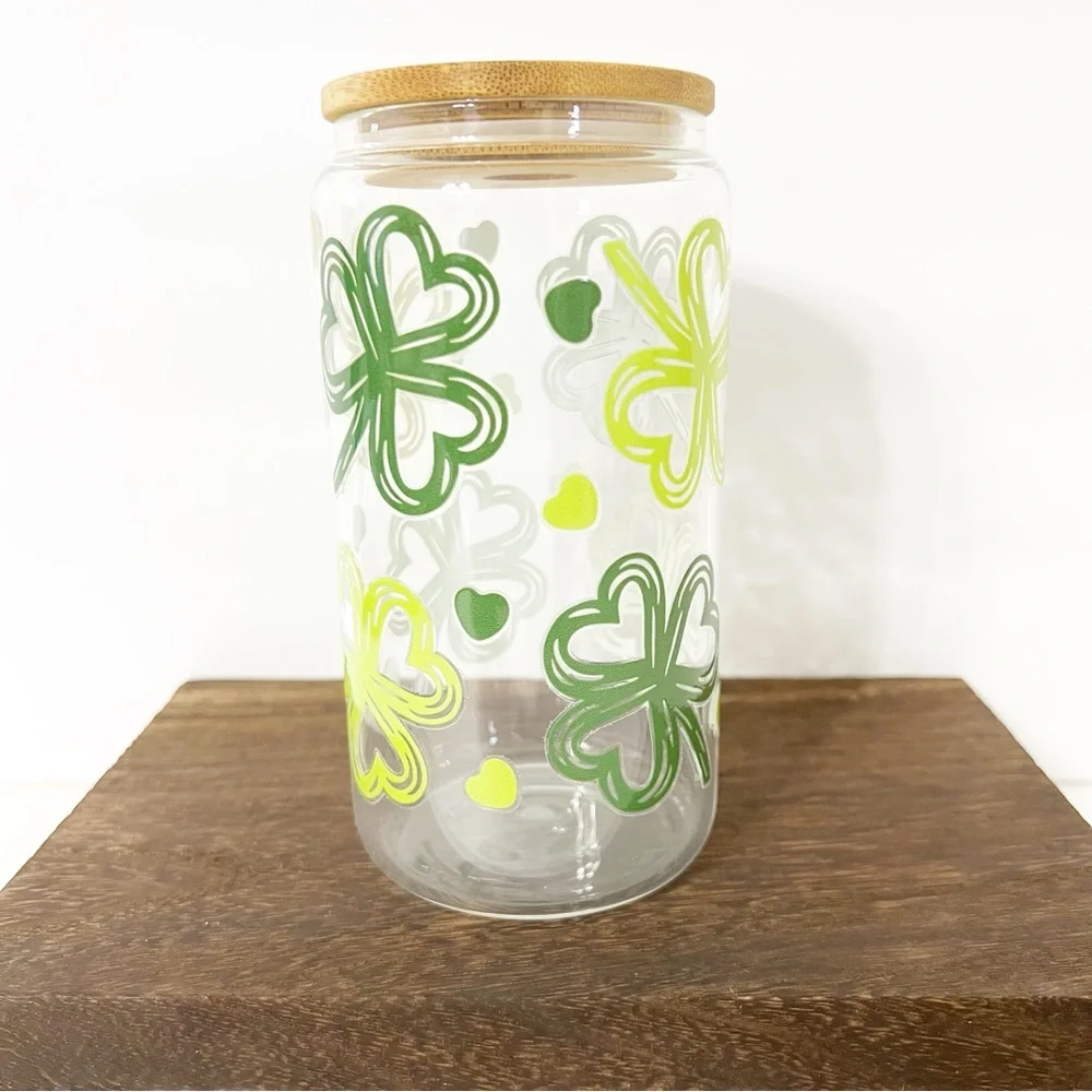 Shamrock Libbey Glass Can with Bamboo Lid and Straw